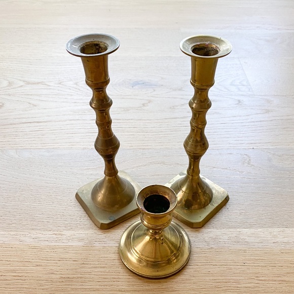 VINTAGE solid brass candle stick set of 3 - Picture 8 of 9